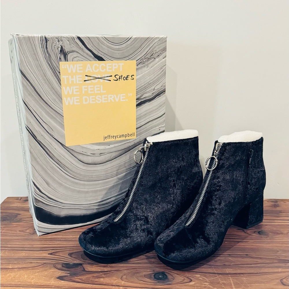 Jeffery Campbell; black crushed velvet; size 9; heeled booties; brand new !